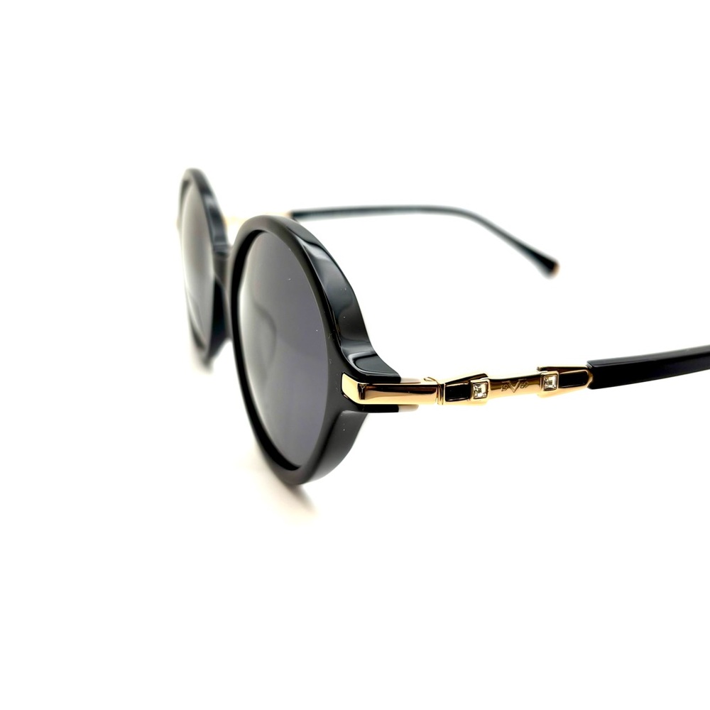 Round Black Acetate Sunglasses Gold Metal Accents, White Interior laminate - Picture 7 of 9